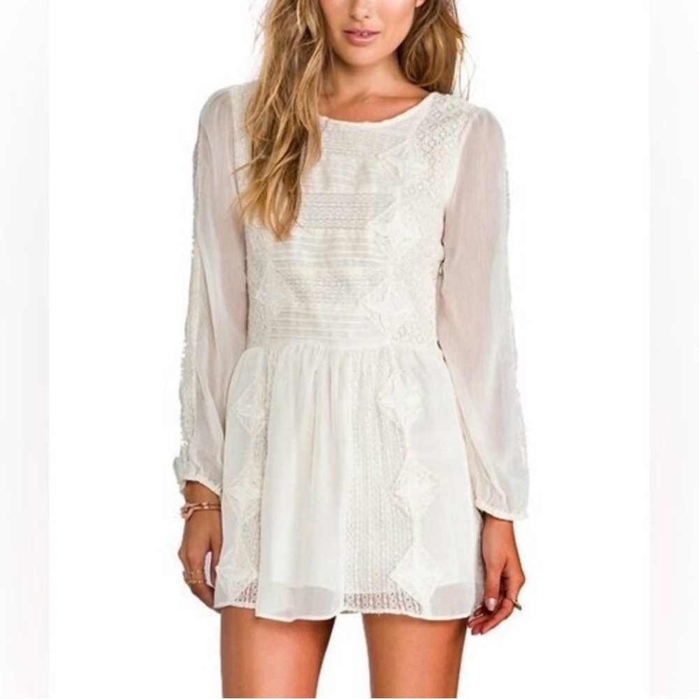 Free People | Leigh Ivory chiffon Lace Long Sleeve mini Dress | size Large